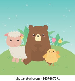 cute bear and sheep and chick animals farm characters