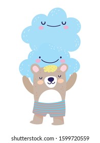 Cute bear with short pants and clouds. Cartoon vector illustration for baby shower.