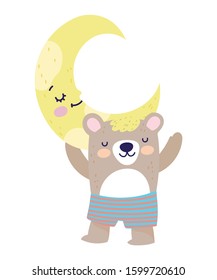 Cute bear with short pants half moon. Cartoon vector illustration for baby shower.