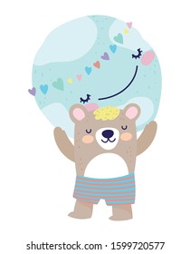Cute bear with short pants holding world with hearts. Cartoon vector illustration for baby shower.