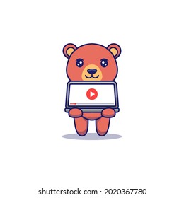 Cute bear showing video on laptop