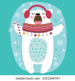 Cute bear singing with earphone on snowing blue background, vector illustration