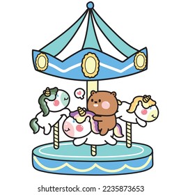 Cute bear sit on unicorn carousel in theme park.Amusement park.Cartoon character design.Animal hand drawn.Play and fun time.Kawaii.Vector.Illustration.