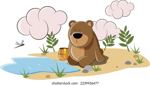 A cute bear sits by the lake and eats honey from his barrel