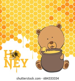 A cute bear sits next to a pot of honey