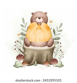 Cute Bear Sits on Log Wood with Leaves and Mushrooms