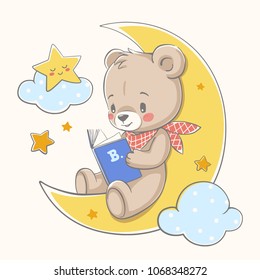 Cute bear sits on the moon and reads a book cartoon hand drawn vector illustration.