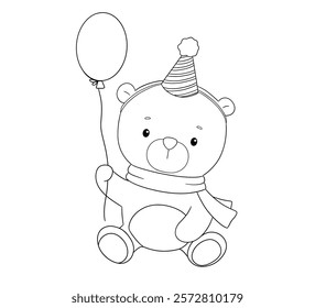 Cute bear sitting with balloon, line hand drawn illustration isolated on white background for coloring book