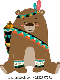 Cute bear sitting with a barrel vector illustration
