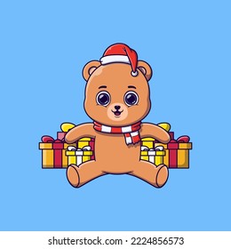 Cute bear sitting in front of Christmas gifts