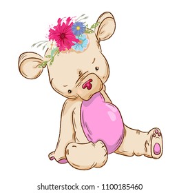 Cute bear sitting head in flowers