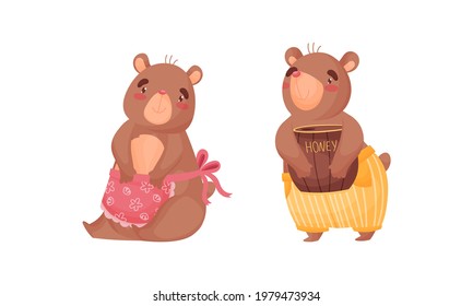Cute Bear Sitting and Holding Pot with Honey Vector Set