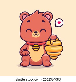 Cute Bear Sitting With Honeycomb Cartoon Vector Icon Illustration. Animal Nature Icon Concept Isolated Premium Vector. Flat Cartoon Style