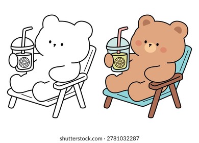 Cute Bear Sitting on Beach Chair Holding Drink Coloring Page for Kids and Adults. Summer Beach Illustration. Cute, Cozy and Fun Summer Coloring Page of a Cute Bear Enjoying a Glass of Orange Juice.