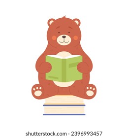 Cute bear sitting on books pile and reading. Forest wild animal gaining knowledge cartoon vector illustration