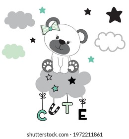 Cute bear sitting on the cloud vector illustration.