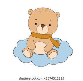 Cute bear sitting on cloud in sky, vector hand drawn illustration isolated on white background