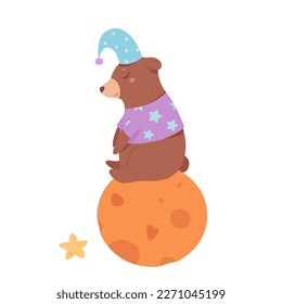 Cute bear sitting on full moon vector illustration. Cartoon sleepy baby animal flying in sky among stars to sleep with sweet dreams, adorable little bear character in night hat and pajamas dreaming