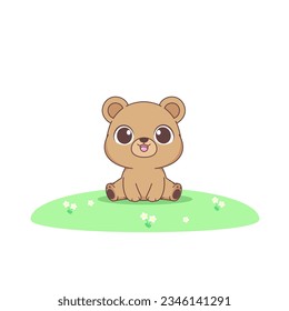 Cute Bear Sitting On The Grass Vector Illustration