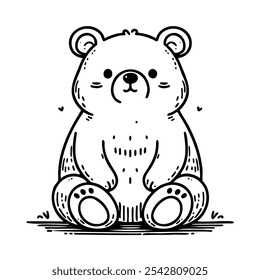 Um urso bonitinho está sentado no chão com as patas no estômago. O urso tem um coração no peito e um sorriso no rosto