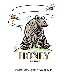 Cute bear sitting on honey.Illustration in line style 