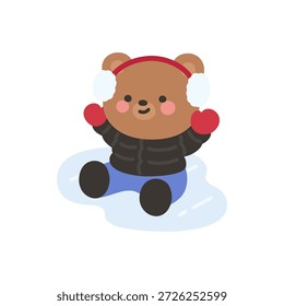 A cute bear sitting on ice raising its mittens Vector Illustration