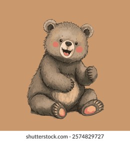 A cute bear is sitting on a light brown background, smiling with rosy cheeks and a playful expression.