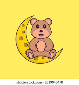 Cute bear is sitting on the moon. Animal cartoon concept isolated. Can used for t-shirt, greeting card, invitation card or mascot.