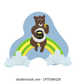 Cute bear sitting on a rainbow and holding a pot of honey in his paws, children's vector illustration in cartoon style, flat, isolate.