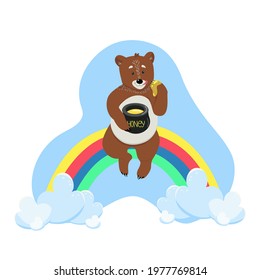Cute bear sitting on a rainbow and holding a pot of honey in his paws, children's vector illustration in cartoon style, flat, isolate.