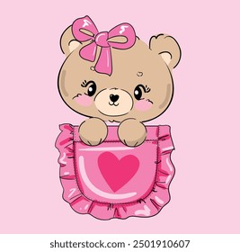 Cute Bear sitting in a pink pocket vector Sketch, Print Design, children print on t-shirt. Hand Drawn