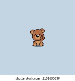 Cute bear sitting and showing V sign hand cartoon icon, vector illustration