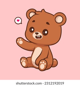 Cute Bear Sitting And Waving Hand Cartoon Vector Icon Illustration. Animal Nature Icon Concept Isolated Premium Vector. Flat Cartoon Style