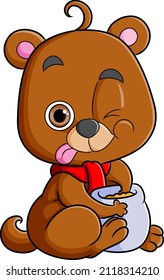 The cute bear is sitting while holding a sack of honey of illustration