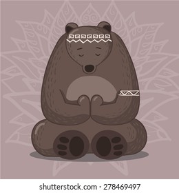 Cute bear sitting in yoga lotus pose and relaxing