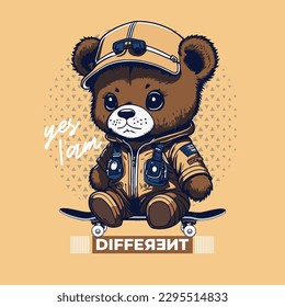 Cute bear skateboard with cool slogan, cartoon animal vector illustration