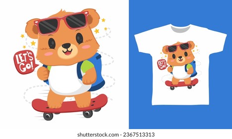 Cute bear with skateboard tshirt art fashion design.