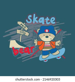 cute bear skating at park city and playing cartoon vector illustration scrapbook, childish poster, tag, sticker, t shirt, frocks for print
