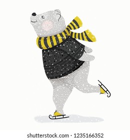 Cute bear skating in winter theme vector illustration for fashion artworks, children books, t-shirt prints, greeting cards.