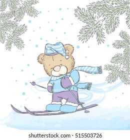 Cute bear skiing. Vector illustration for a card or poster. Print on clothes. New Year's and Christmas. Cute Bear on winter vacation.