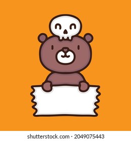 Cute bear with skull hat holding empty banner illustration. Vector graphics for t-shirt prints and other uses.