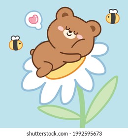 Oso lindo dormido en flor con dibujos animados de abejas.Diseño de carácter animal.Gráfico infantil.Fondo.Cartel.Kawaii.Vector.Ilustración.