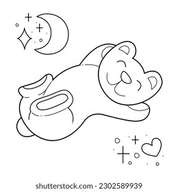 Cute bear is sleeping. Doodle black and white vector illustration.