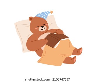 Cute Bear Sleeping. Funny Teddy Falling Asleep, Lying On Pillow. Sweet Baby Animal In Night Cap Napping With Book. Sleepy Child Character. Kids Flat Vector Illustration Isolated On White Background