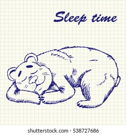 Cute bear sleeping. Good Night. Hand drawn sketch vector illustration.