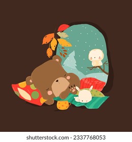 Cute Bear schlafen mit Little Rabbit in Den