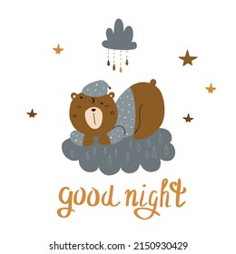 Oso lindo durmiendo en una nube. Ilustración vectorial sobre un fondo blanco para su diseño y decoración de textiles para niños.