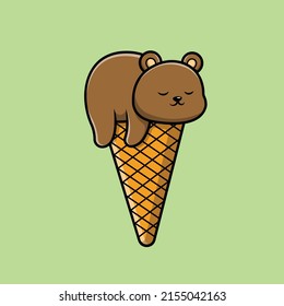 Cute Bear Sleeping On Ice Cream Cartoon Vector Icon Illustration. Animal Food Icon Concept Isolated Premium Vector.