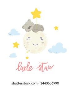 Cute bear is sleeping on the moon cartoon flat vector illustration for kids. Lettering little star.  Perfect for t-shirt print, nursery  textile, kids wear fashion design, baby shower invitation car