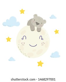 Cute bear is sleeping on the moon cartoon flat vector illustration for kids. Perfect for t-shirt print, nursery  textile, kids wear fashion design, baby shower invitation card.